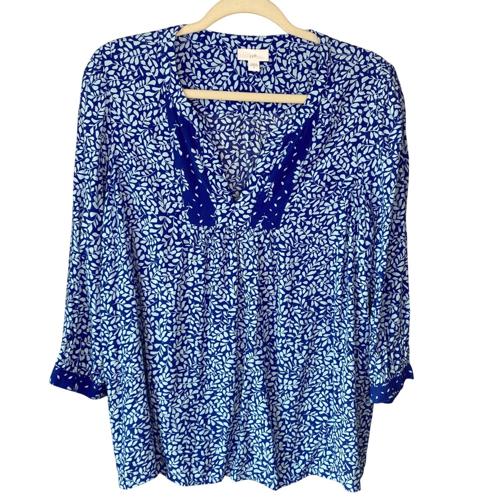 J. Jill Blue Botanical Leaf Print V-Neck Tunic Blouse Size M 3/4 Sleeve